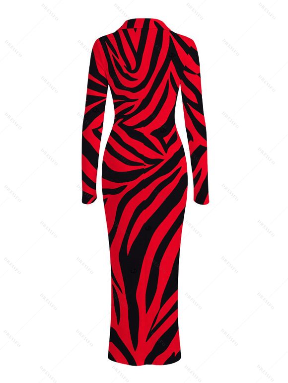 Casual Couple Outfit Colorblock Tiger Print Ruched Button Up Bodycon Shirt Dress and Long Sleeve Shirt Set - Rouge S | US 4