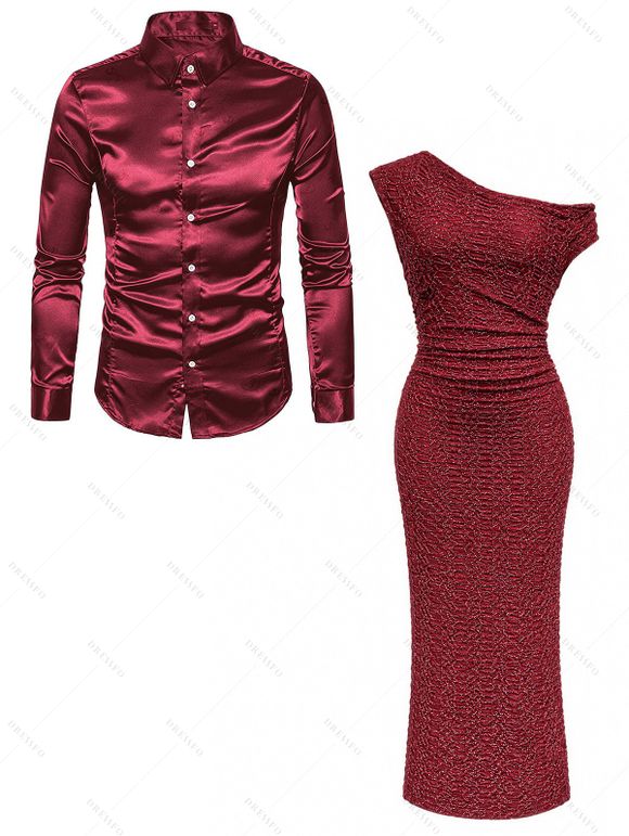 Party Couple Outfit Solid Color Skew Neck Shiny Fabric Bodycon Midi Slit Dress and Satin Shirt Evening Set - Rouge Vineux S | US 4