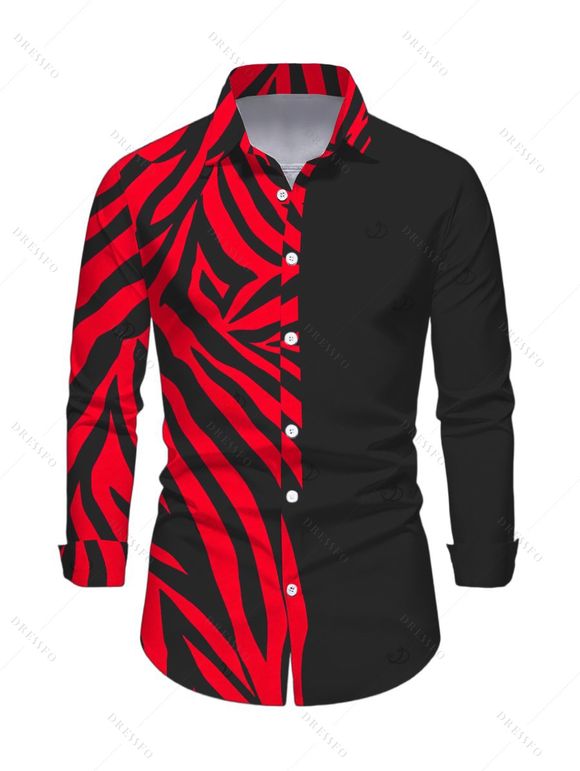Casual Couple Outfit Colorblock Tiger Print Ruched Button Up Bodycon Shirt Dress and Long Sleeve Shirt Set - Rouge S | US 4