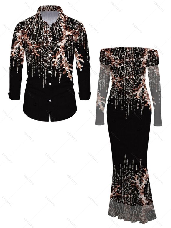 Party Couple Outfit Rhinestone Tassel Print Mesh Panel Off the Shoulder Bodycon Evening Dress and Long Sleeve Shirt Set - Noir S | US 4