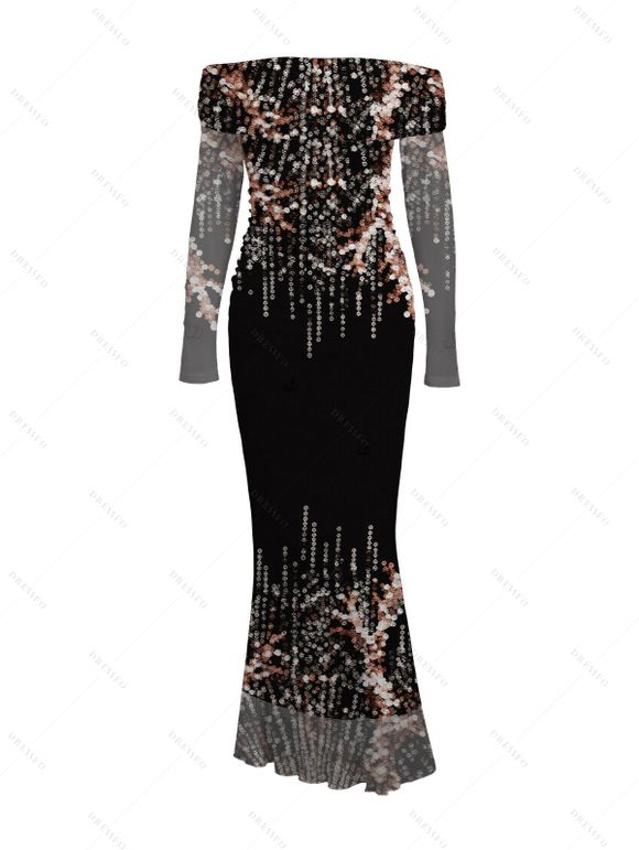 Party Couple Outfit Rhinestone Tassel Print Mesh Panel Off the Shoulder Bodycon Evening Dress and Long Sleeve Shirt Set - Noir S | US 4