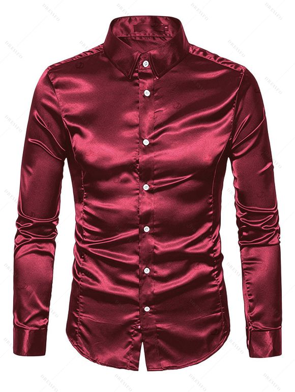 Party Couple Outfit Solid Color Skew Neck Shiny Fabric Bodycon Midi Slit Dress and Satin Shirt Evening Set - Rouge Vineux S | US 4