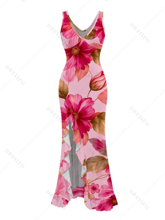 Vacation Couple Outfit Watercolor Floral Leaf Print Ruffle Slit V Neck Mermaid Bodycon Dress and Long Sleeve Shirt Set - Rose S | US 4