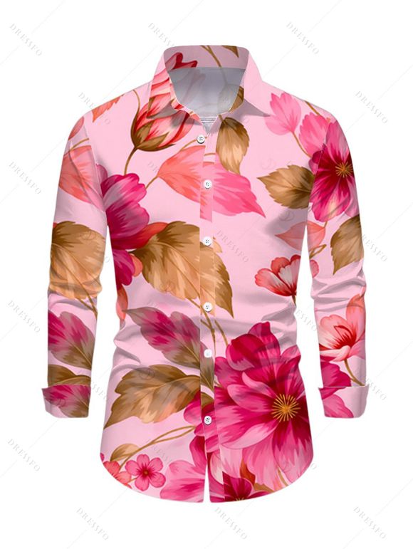 Vacation Couple Outfit Watercolor Floral Leaf Print Ruffle Slit V Neck Mermaid Bodycon Dress and Long Sleeve Shirt Set - Rose S | US 4