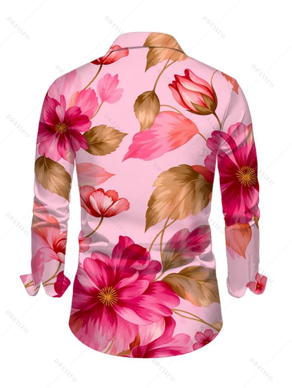Vacation Couple Outfit Watercolor Floral Leaf Print Ruffle Slit V Neck Mermaid Bodycon Dress and Long Sleeve Shirt Set - Rose S | US 4