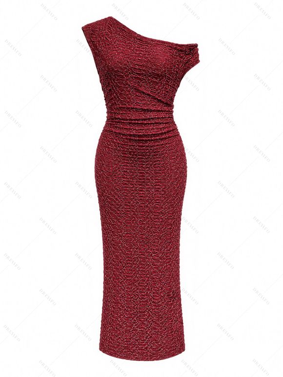 Party Dress Solid Color Skew Neck Shiny Fabric Bodycon Midi Slit Evening Dress - Rouge Vineux S | US 4