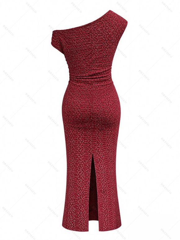 Party Dress Solid Color Skew Neck Shiny Fabric Bodycon Midi Slit Evening Dress - Rouge Vineux S | US 4