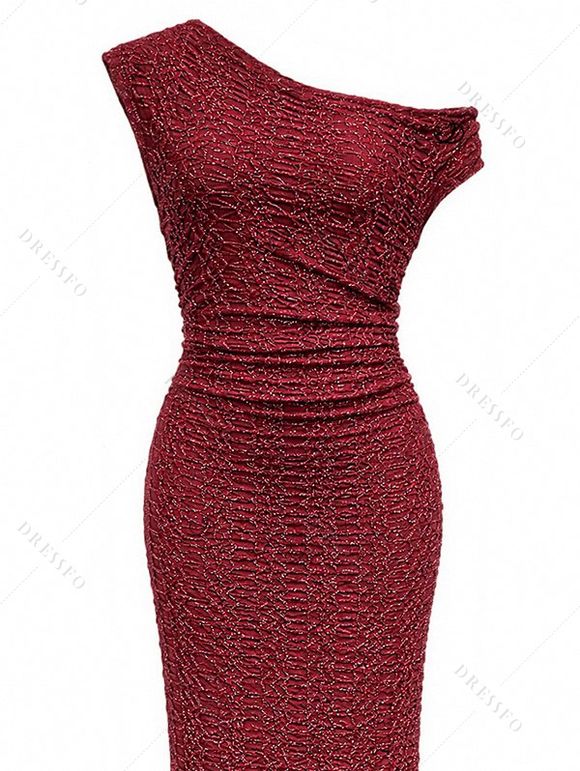 Party Dress Solid Color Skew Neck Shiny Fabric Bodycon Midi Slit Evening Dress - Rouge Vineux S | US 4