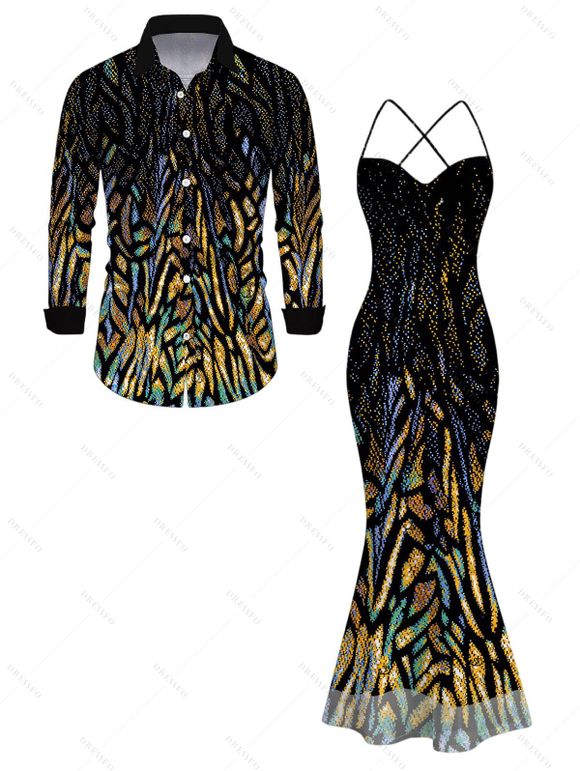 Party Couple Outfit Rhinestone Tiger Spot Print Crisscross Mesh Panel Draped Bodycon Dress and Long Sleeve Shirt Set - Noir S | US 4