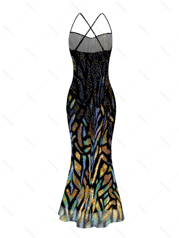 Party Couple Outfit Rhinestone Tiger Spot Print Crisscross Mesh Panel Draped Bodycon Dress and Long Sleeve Shirt Set - Noir S | US 4