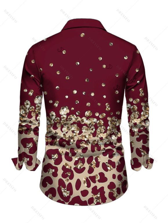 Men's Vintage Shirt Leopard Print Panel Button Up Long Sleeve Shirt - Rouge Vineux M