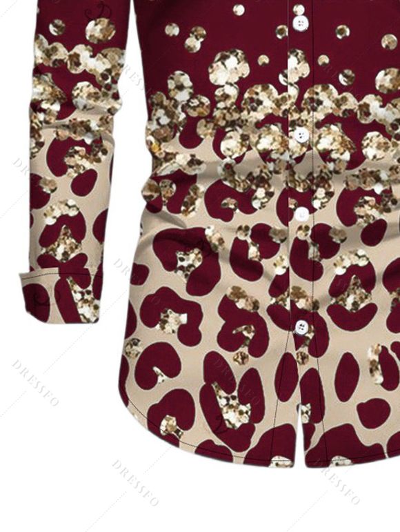 Men's Vintage Shirt Leopard Print Panel Button Up Long Sleeve Shirt - Rouge Vineux M