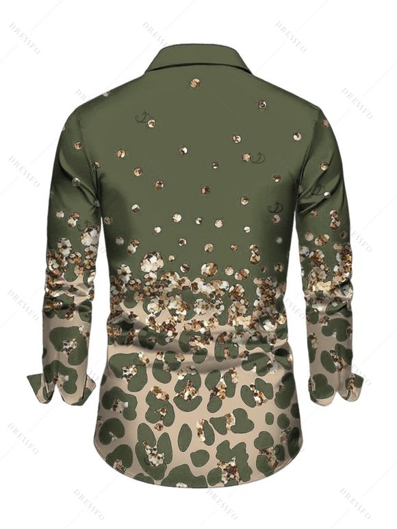 Men's Vintage Shirt Leopard Print Panel Button Up Long Sleeve Shirt - Vert Armée S