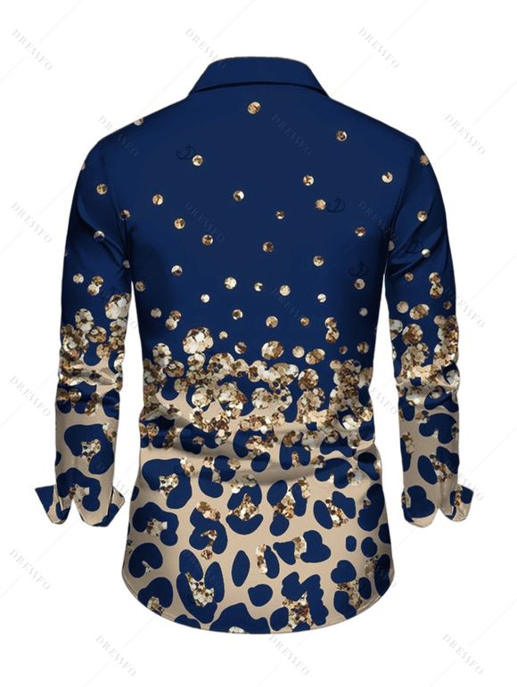 Men's Vintage Shirt Leopard Print Panel Button Up Long Sleeve Shirt - Bleu profond L
