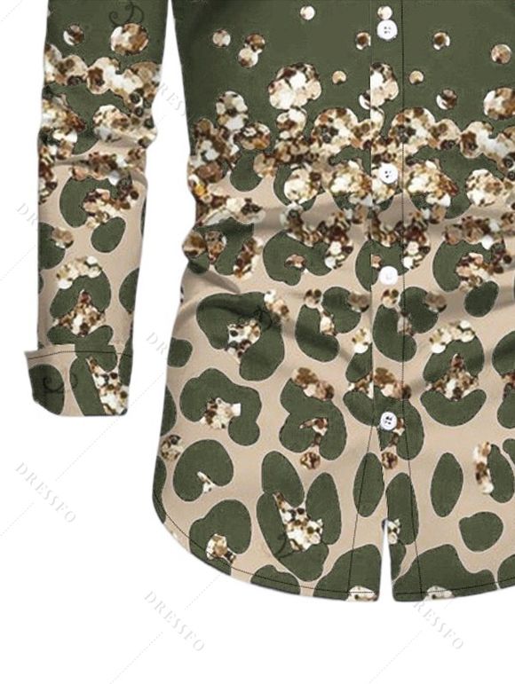 Men's Vintage Shirt Leopard Print Panel Button Up Long Sleeve Shirt - Vert Armée S