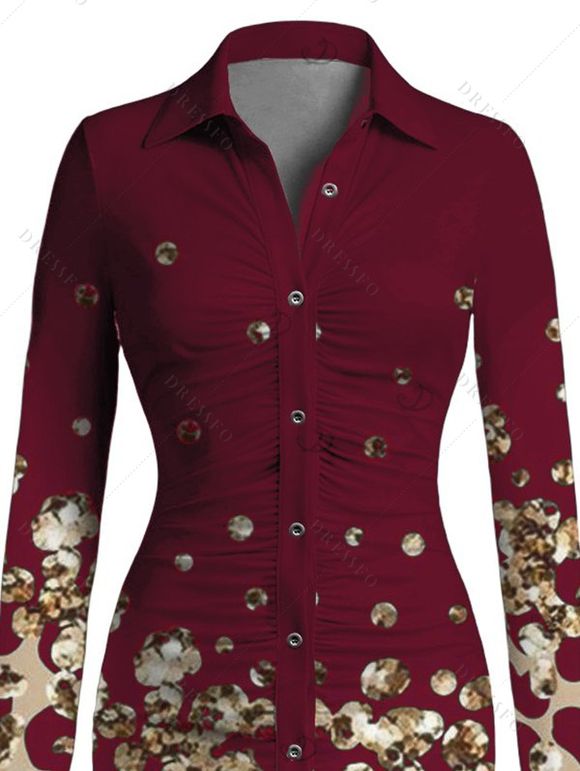 Vintage Shirt Dress Leopard Print Panel Turn Down Collar Ruched Bodycon Dress - Rouge Vineux S | US 4