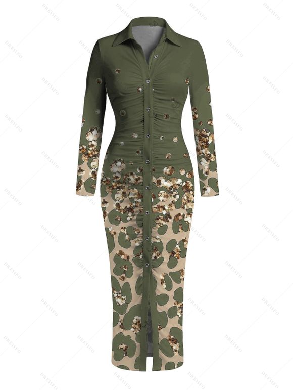 Vintage Shirt Dress Leopard Print Panel Turn Down Collar Ruched Bodycon Dress - Vert Armée XL | US 12