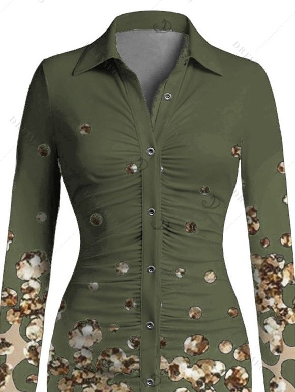 Vintage Shirt Dress Leopard Print Panel Turn Down Collar Ruched Bodycon Dress - Vert Armée XL | US 12