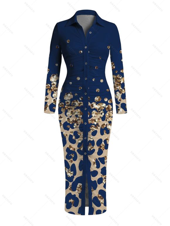 Vintage Shirt Dress Leopard Print Panel Turn Down Collar Ruched Bodycon Dress - Bleu profond S | US 4