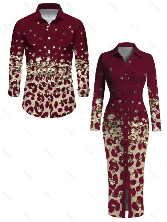 Vintage Couple Outfit Leopard Print Panel Turn Down Collar Ruched Bodycon Shirt Dress and Long Sleeve Shirt Set - Rouge Vineux S | US 4