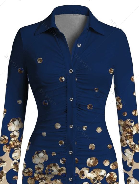 Vintage Shirt Dress Leopard Print Panel Turn Down Collar Ruched Bodycon Dress - Bleu profond S | US 4