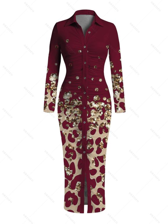 Vintage Couple Outfit Leopard Print Panel Turn Down Collar Ruched Bodycon Shirt Dress and Long Sleeve Shirt Set - Rouge Vineux S | US 4