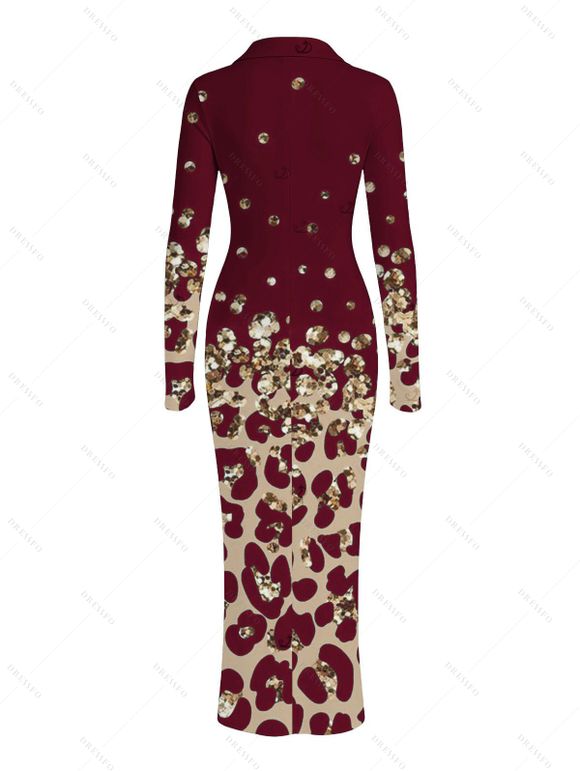 Vintage Couple Outfit Leopard Print Panel Turn Down Collar Ruched Bodycon Shirt Dress and Long Sleeve Shirt Set - Rouge Vineux S | US 4