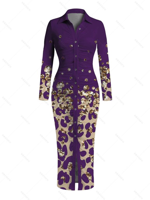 Vintage Shirt Dress Leopard Print Panel Turn Down Collar Ruched Bodycon Dress - Concorde XXL | US 14