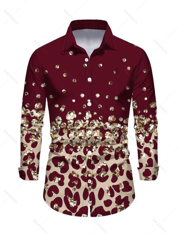 Vintage Couple Outfit Leopard Print Panel Turn Down Collar Ruched Bodycon Shirt Dress and Long Sleeve Shirt Set - Rouge Vineux S | US 4