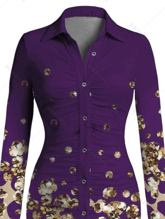 Vintage Shirt Dress Leopard Print Panel Turn Down Collar Ruched Bodycon Dress - Concorde XXL | US 14