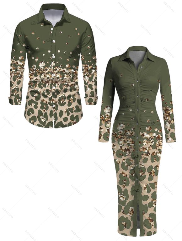 Vintage Couple Outfit Leopard Print Panel Turn Down Collar Ruched Bodycon Shirt Dress and Long Sleeve Shirt Set - Vert Armée S | US 4
