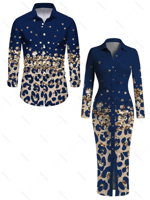 Vintage Couple Outfit Leopard Print Panel Turn Down Collar Ruched Bodycon Shirt Dress and Long Sleeve Shirt Set - Bleu profond S | US 4