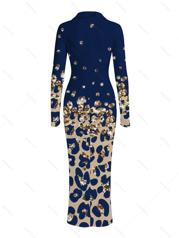 Vintage Couple Outfit Leopard Print Panel Turn Down Collar Ruched Bodycon Shirt Dress and Long Sleeve Shirt Set - Bleu profond S | US 4
