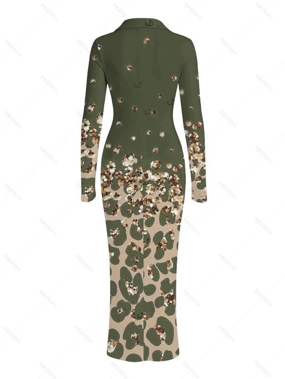 Vintage Couple Outfit Leopard Print Panel Turn Down Collar Ruched Bodycon Shirt Dress and Long Sleeve Shirt Set - Vert Armée S | US 4