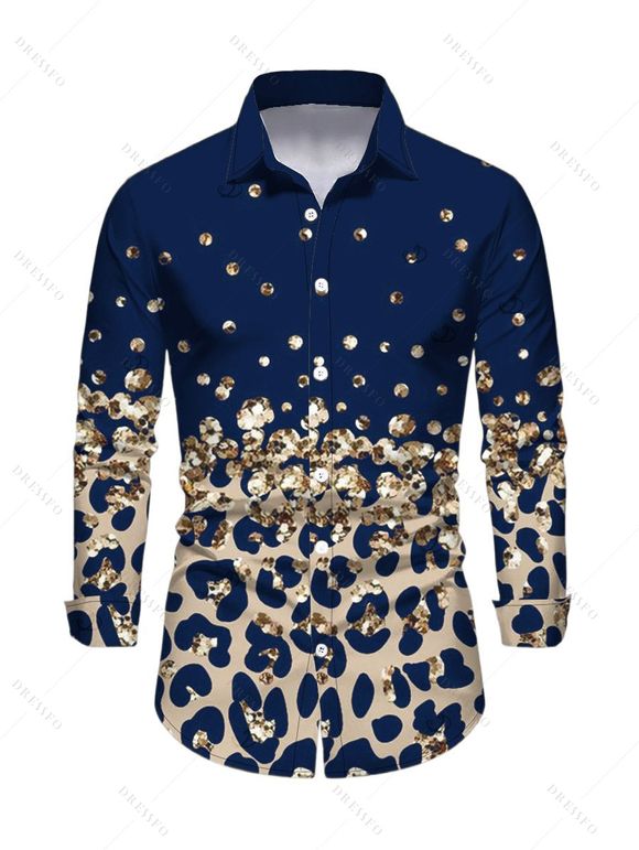 Vintage Couple Outfit Leopard Print Panel Turn Down Collar Ruched Bodycon Shirt Dress and Long Sleeve Shirt Set - Bleu profond S | US 4
