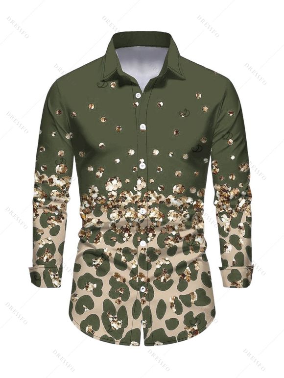 Vintage Couple Outfit Leopard Print Panel Turn Down Collar Ruched Bodycon Shirt Dress and Long Sleeve Shirt Set - Vert Armée S | US 4