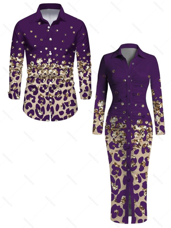 Vintage Couple Outfit Leopard Print Panel Turn Down Collar Ruched Bodycon Shirt Dress and Long Sleeve Shirt Set - Concorde S | US 4