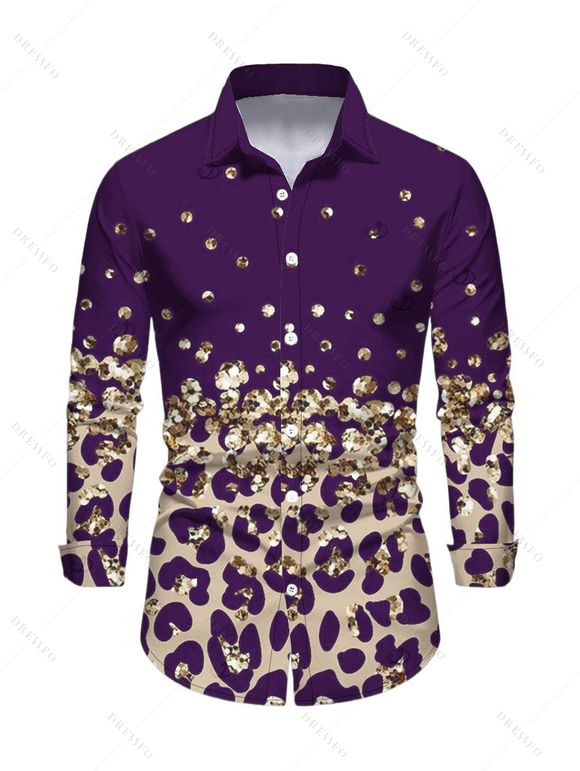 Vintage Couple Outfit Leopard Print Panel Turn Down Collar Ruched Bodycon Shirt Dress and Long Sleeve Shirt Set - Concorde S | US 4