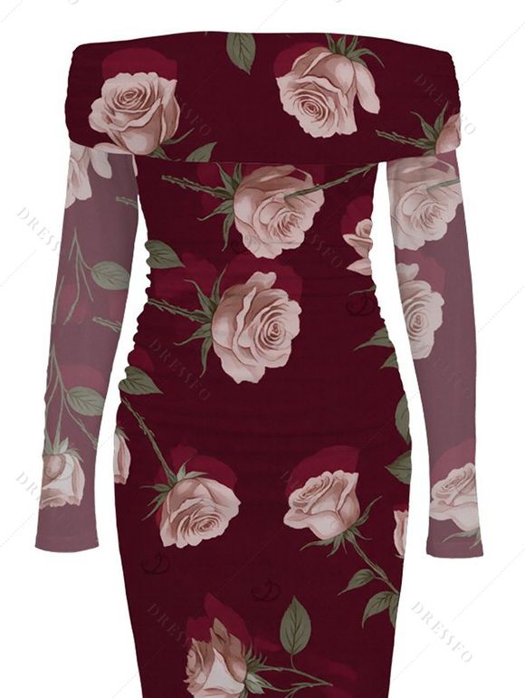 Elegant Dress Rose Floral Print Mesh Panel Foldover Off the Shoulder Valentine's Day Bodycon Dress - Rouge Vineux S | US 4
