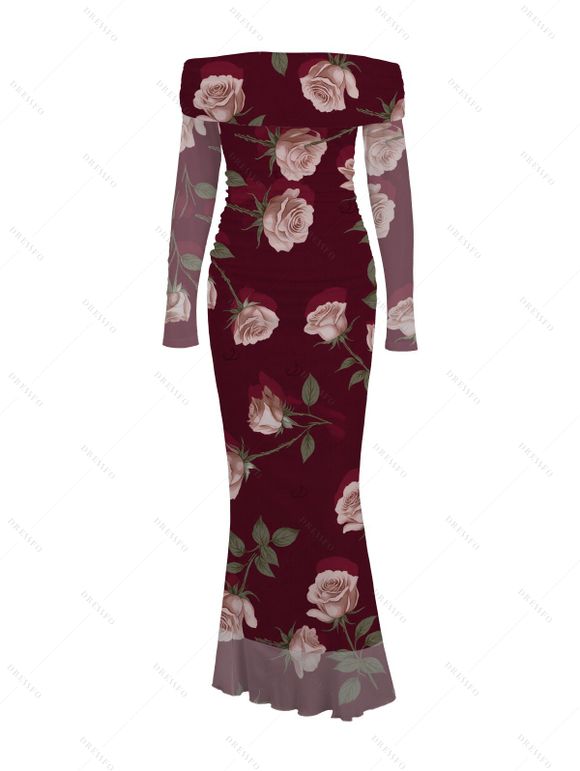 Elegant Dress Rose Floral Print Mesh Panel Foldover Off the Shoulder Valentine's Day Bodycon Dress - Rouge Vineux S | US 4