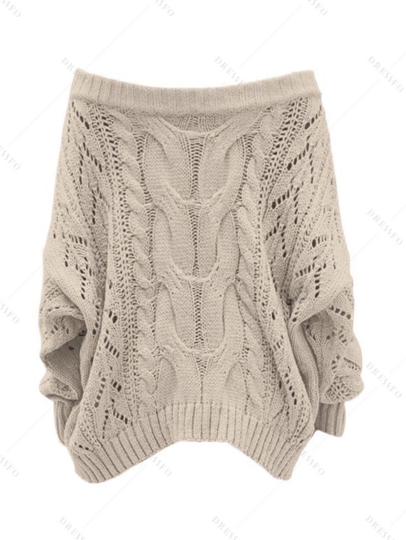 Solid Color Cable Knit Sweater Off the Shoulder Pullover Top - café lumière XXL | US 14