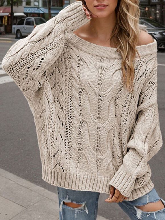 Solid Color Cable Knit Sweater Off the Shoulder Pullover Top - café lumière XXL | US 14