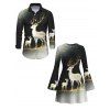Christmas Couple Outfit Starry Sky Elk Print Bell Sleeve A Line Mini Dress and Long Sleeve Shirt Holiday Set - Noir S | US 4