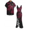 Party Couple Outfit Colorblock Abstract Floral Print Ruffle Slit V Neck Mermaid Bodycon Dress and Short Sleeve Shirt Set - Rouge Vineux S | US 4