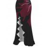 Party Couple Outfit Colorblock Abstract Floral Print Ruffle Slit V Neck Mermaid Bodycon Dress and Short Sleeve Shirt Set - Rouge Vineux S | US 4