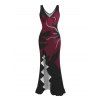 Party Couple Outfit Colorblock Abstract Floral Print Ruffle Slit V Neck Mermaid Bodycon Dress and Short Sleeve Shirt Set - Rouge Vineux S | US 4
