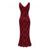 Christmas Couple Outfit Red Argyle Star Print Ruffle Slit V Neck Mermaid Bodycon Dress and Short Sleeve Shirt Holiday Set - Rouge Vineux S | US 4