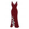 Christmas Couple Outfit Red Argyle Star Print Ruffle Slit V Neck Mermaid Bodycon Dress and Short Sleeve Shirt Holiday Set - Rouge Vineux S | US 4