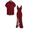 Christmas Couple Outfit Red Argyle Star Print Ruffle Slit V Neck Mermaid Bodycon Dress and Short Sleeve Shirt Holiday Set - Rouge Vineux S | US 4