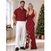 Christmas Couple Outfit Red Argyle Star Print Ruffle Slit V Neck Mermaid Bodycon Dress and Short Sleeve Shirt Holiday Set - Rouge Vineux S | US 4